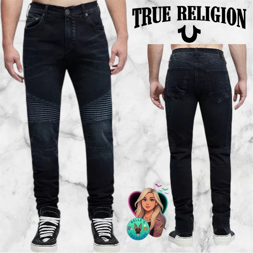 True Religion Mens 38 Rocco Classic Slim Moto Jeans Blue Black Ribbed‎ 36x33